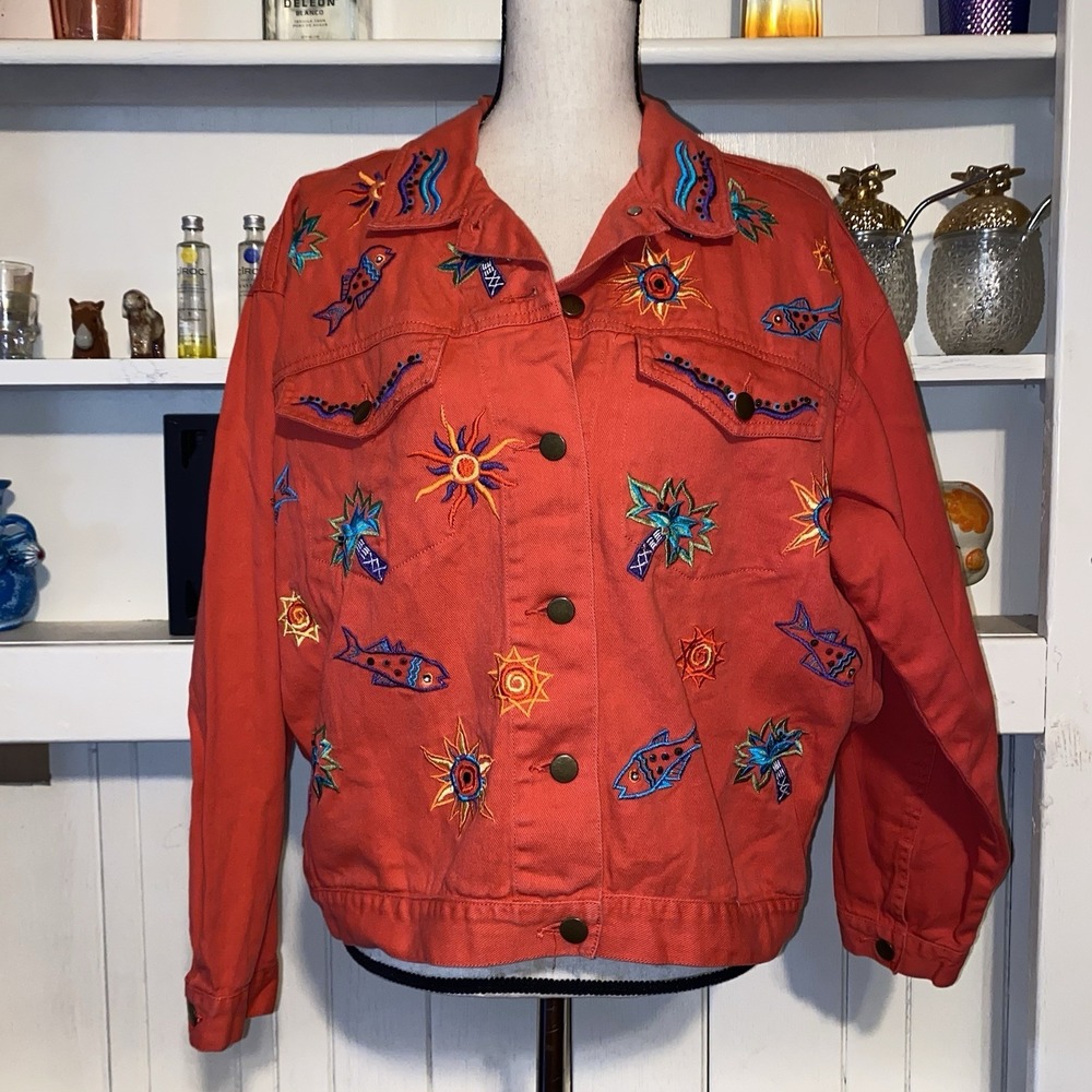 Carole Little Red Embroidered‎ Tropical Jean Jacket Size 8 - Picture 7 of 7